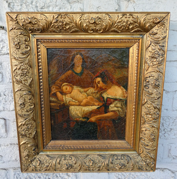 Antique German 19thc oil canvas painting Saint Anne Virgin jesus religious rare