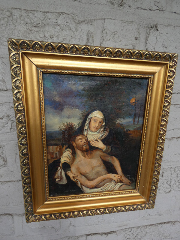 Antique French oil canvas pieta jesus painting religious