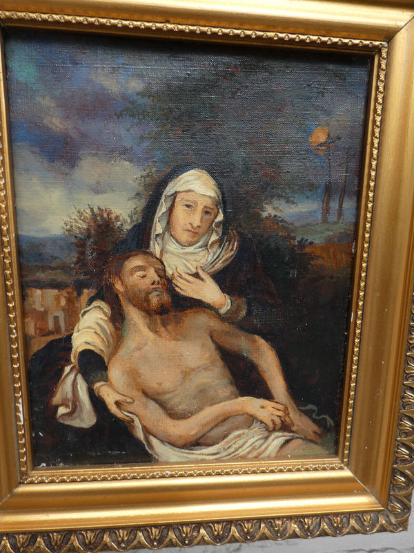 Antique French oil canvas pieta jesus painting religious