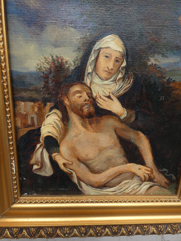 Antique French oil canvas pieta jesus painting religious