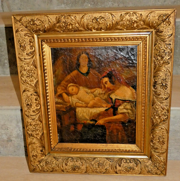 Antique German 19thc oil canvas painting Saint Anne Virgin jesus religious rare