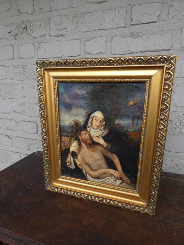 Antique French oil canvas pieta jesus painting religious