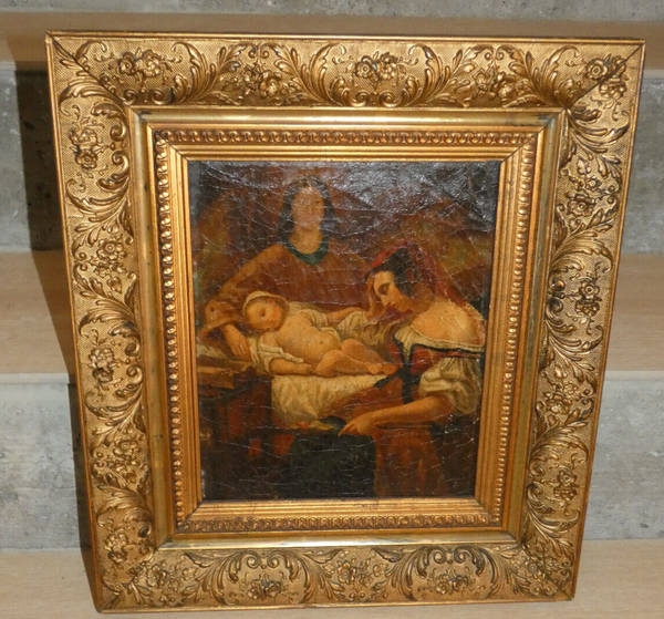 Antique German 19thc oil canvas painting Saint Anne Virgin jesus religious rare