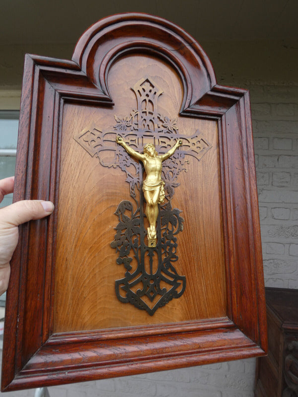 Vintage Wood metal crucifix cross framed Religious plaque rare 1950