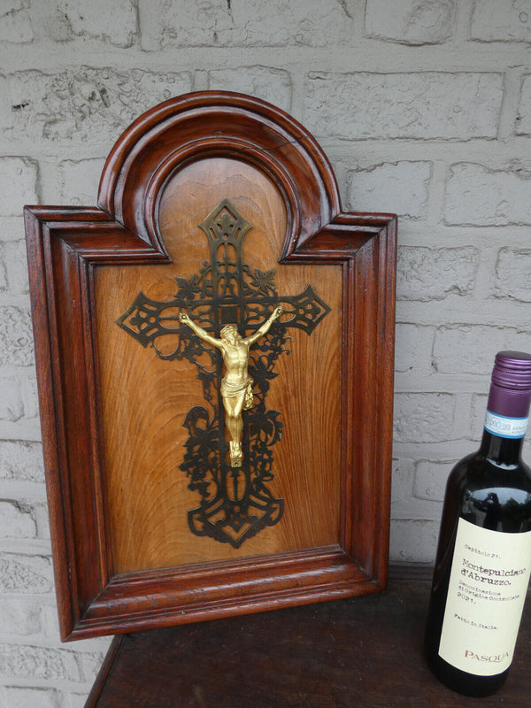 Vintage Wood metal crucifix cross framed Religious plaque rare 1950