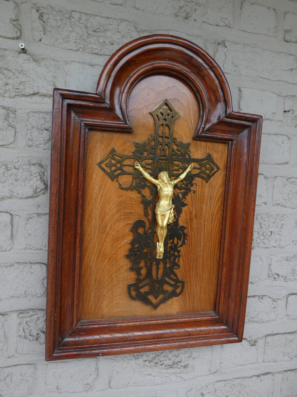 Vintage Wood metal crucifix cross framed Religious plaque rare 1950