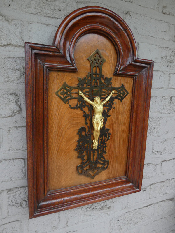 Vintage Wood metal crucifix cross framed Religious plaque rare 1950