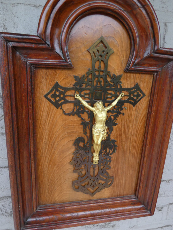 Vintage Wood metal crucifix cross framed Religious plaque rare 1950