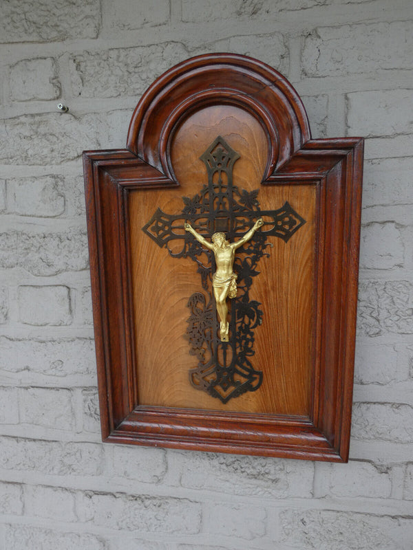 Vintage Wood metal crucifix cross framed Religious plaque rare 1950