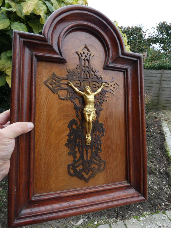 Vintage Wood metal crucifix cross framed Religious plaque rare 1950