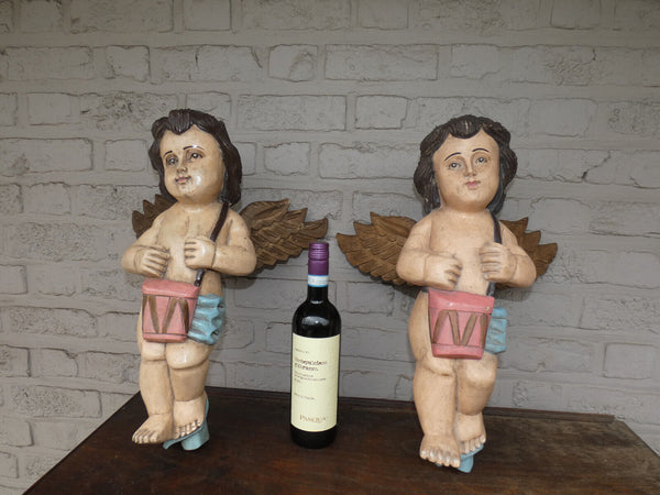 PAIR French Large wood carved wall hang angel musician figurines statue