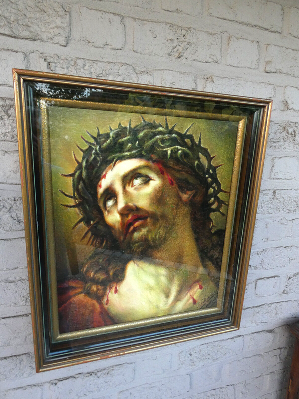 Antique flanders oil canvas painting framed behind glass jesus christ signed