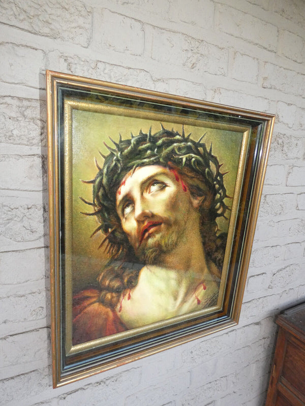 Antique flanders oil canvas painting framed behind glass jesus christ signed