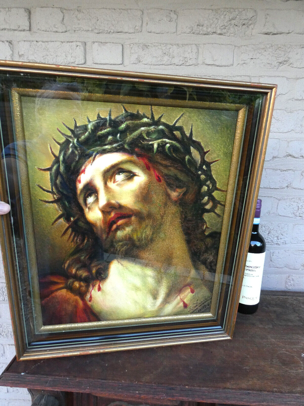 Antique flanders oil canvas painting framed behind glass jesus christ signed