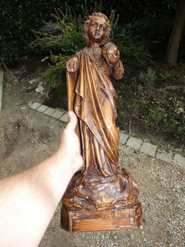 Antique L  1800s Rare Wood carved young jesus statue sculpture religious saint