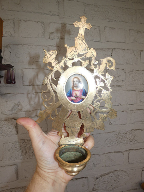 Antique French Metal gold gilt porcelain Sacred jesus medaillon holy water font