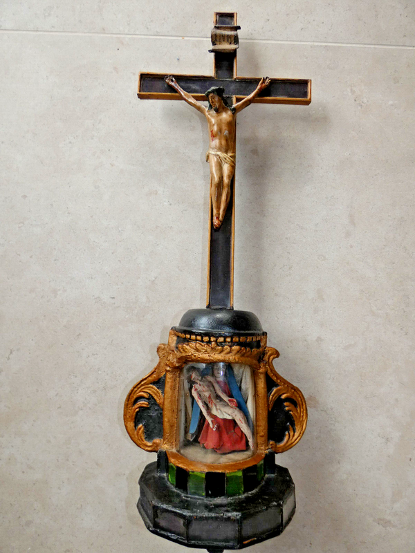 Antique South europe Wood carved polychrome Crucifix pieta glass rare folk art