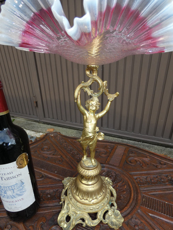 Antique French bronze putti cherub centerpiece murano pink glass milieu table