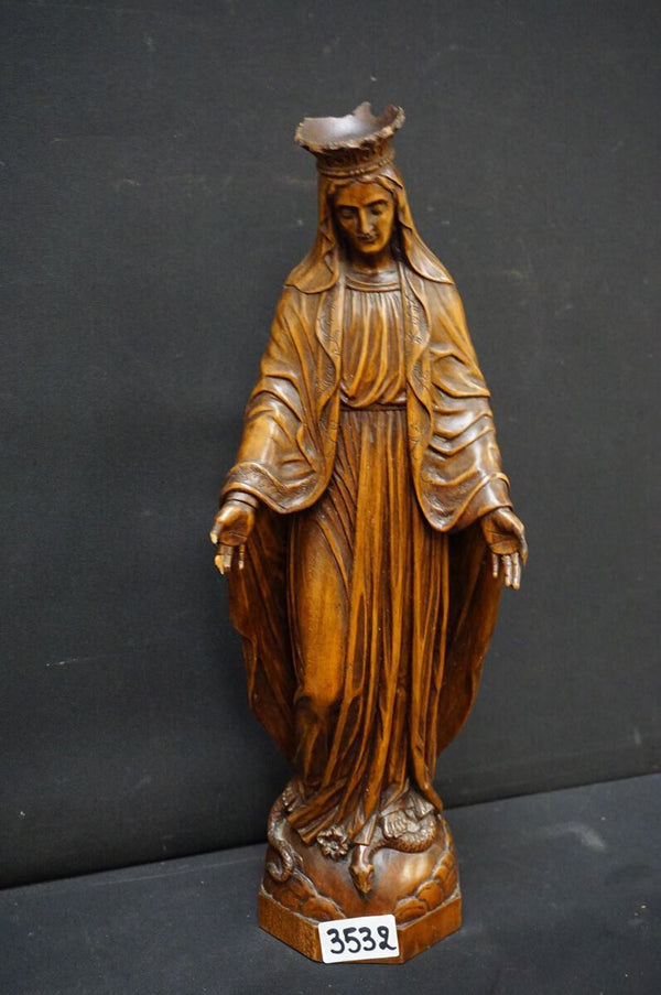 Antique Flanders School wood carved madonna statue sculpture religious