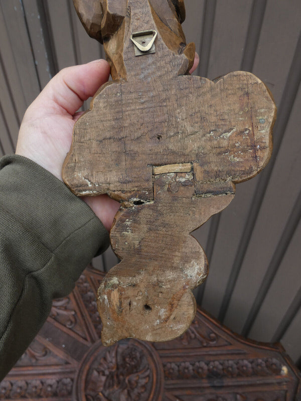 Antique french wood carved Madonna Angel wall statue figurine religious 19thc