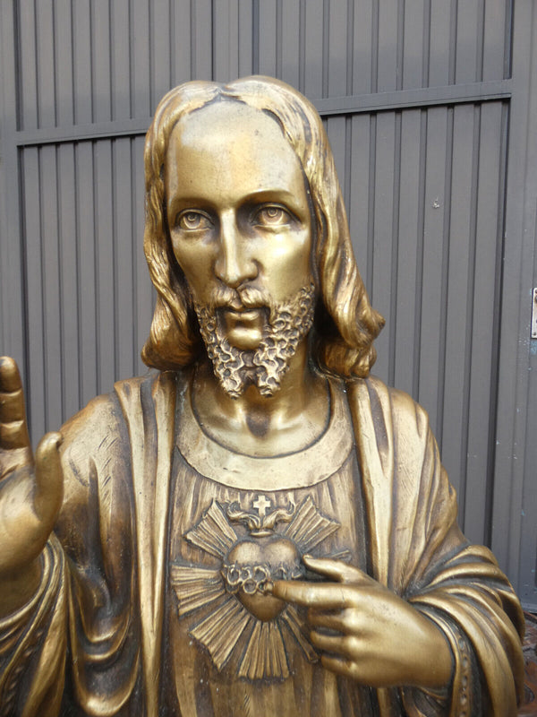 Antique Belgian Terracotta gold gilt sacred jesus  bust statue sculpture signed