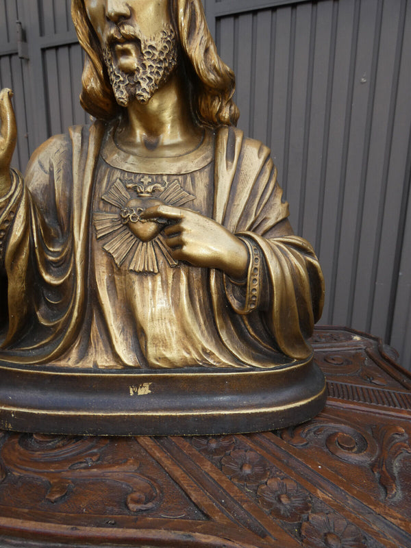 Antique Belgian Terracotta gold gilt sacred jesus  bust statue sculpture signed