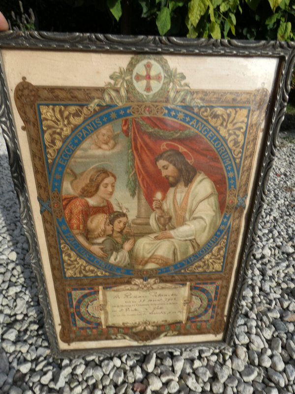 Antique 1912 Communion gift litho frame signed  plaque religious