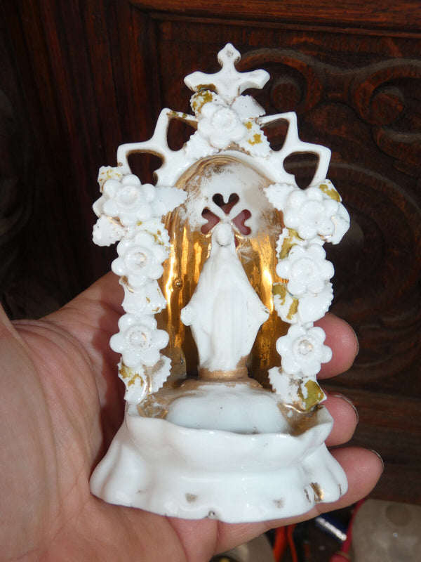 Antique French old paris porcelain chapel niche holy water font flowers madonna