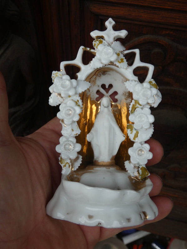 Antique French old paris porcelain chapel niche holy water font flowers madonna