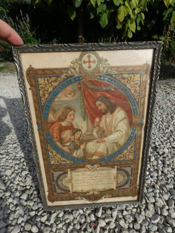 Antique 1912 Communion gift litho frame signed  plaque religious