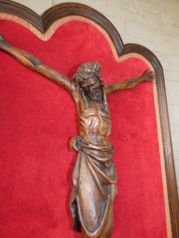 Antique XL french Wood carved corpus christ wall plaqu velvet rare