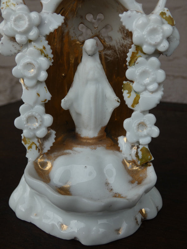 Antique French old paris porcelain chapel niche holy water font flowers madonna