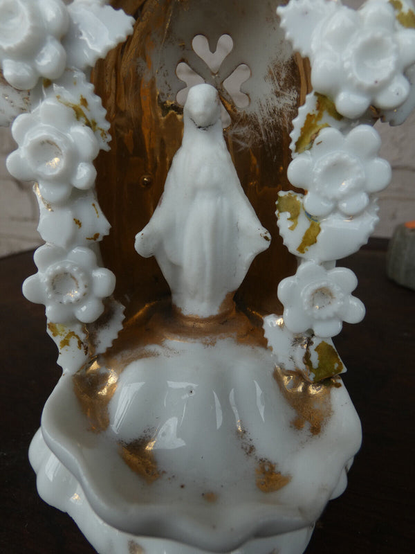 Antique French old paris porcelain chapel niche holy water font flowers madonna