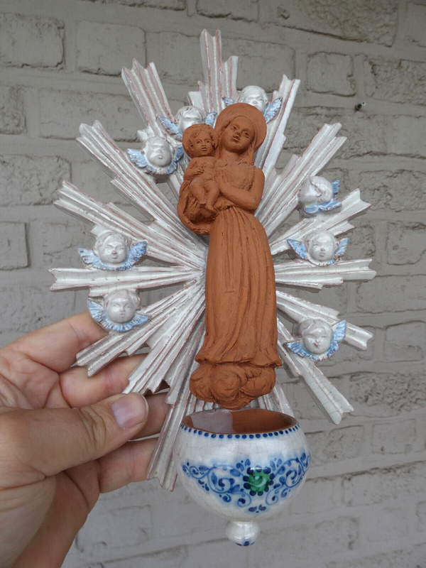 Vintage italian terracotta Madonna angels wall holy water font sun burst rare