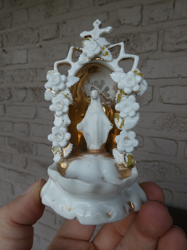 Antique French old paris porcelain chapel niche holy water font flowers madonna