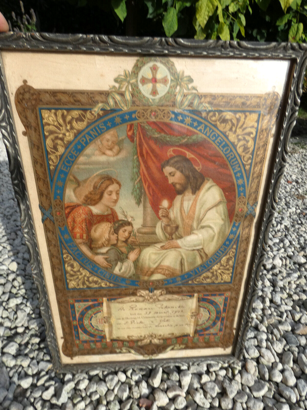 Antique 1912 Communion gift litho frame signed  plaque religious