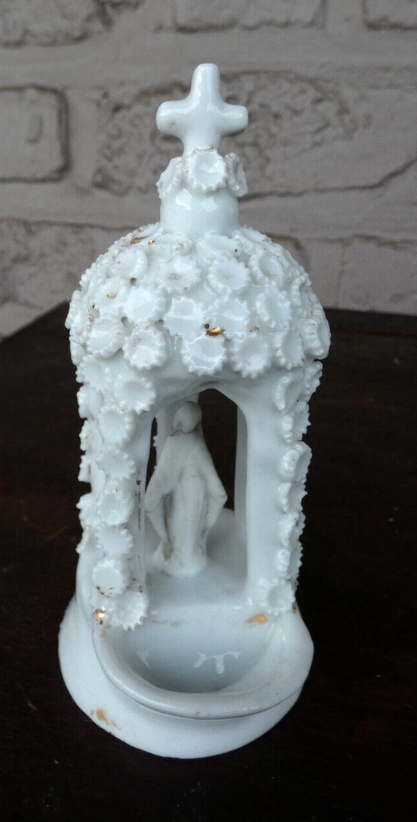 Antique French old paris porcelain chapel niche holy water font flowers madonna