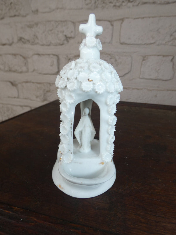 Antique French old paris porcelain chapel niche holy water font flowers madonna