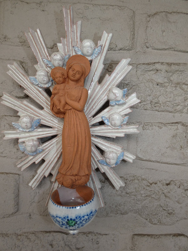 Vintage italian terracotta Madonna angels wall holy water font sun burst rare