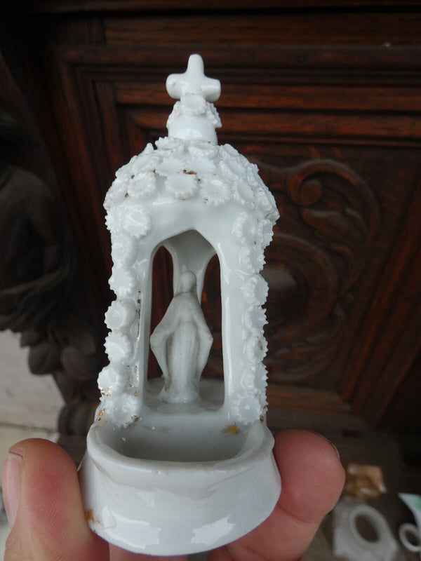 Antique French old paris porcelain chapel niche holy water font flowers madonna