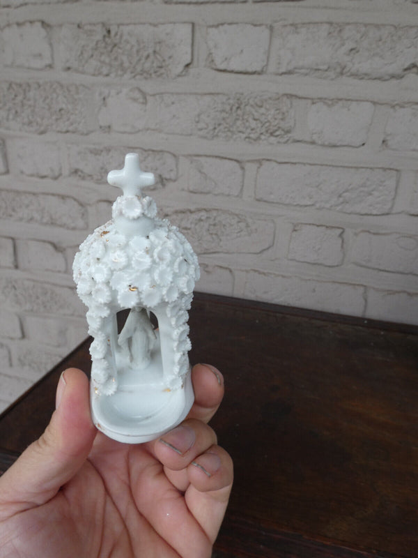 Antique French old paris porcelain chapel niche holy water font flowers madonna