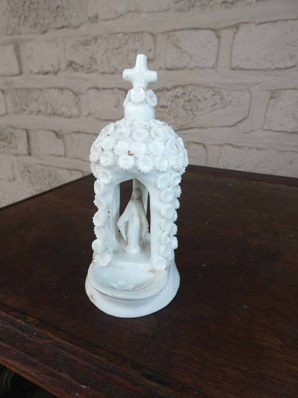 Antique French old paris porcelain chapel niche holy water font flowers madonna