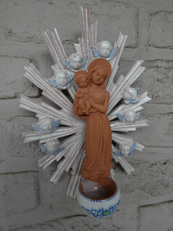 Vintage italian terracotta Madonna angels wall holy water font sun burst rare