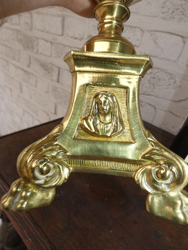 Antique brass Tripod holy family portrait head jesus mary joseph Crucifix lion