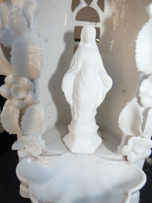 Antique 19thc Old brussels porcelain Holy water font niche chapel madonna statue