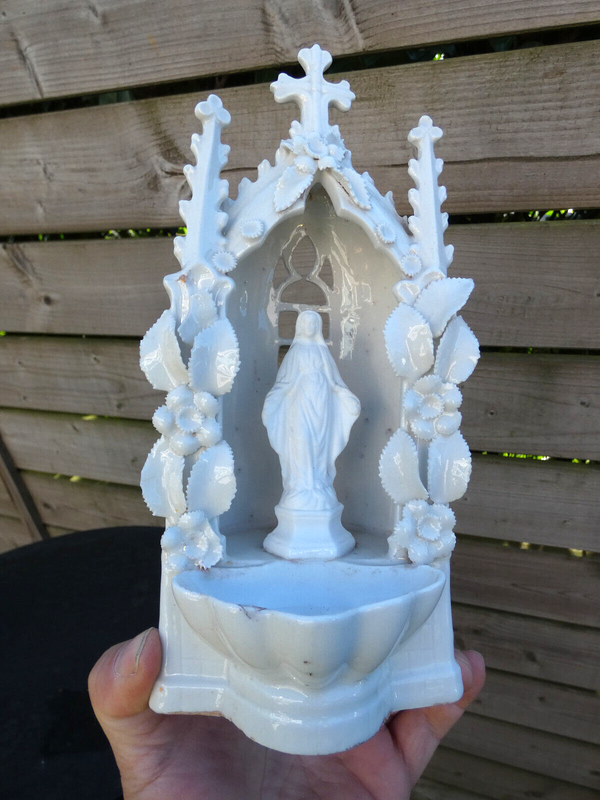 Antique 19thc Old brussels porcelain Holy water font niche chapel madonna statue