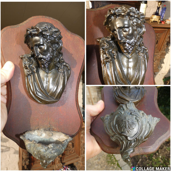 Antique Wood metal relief christ head Holy water font plaque religious