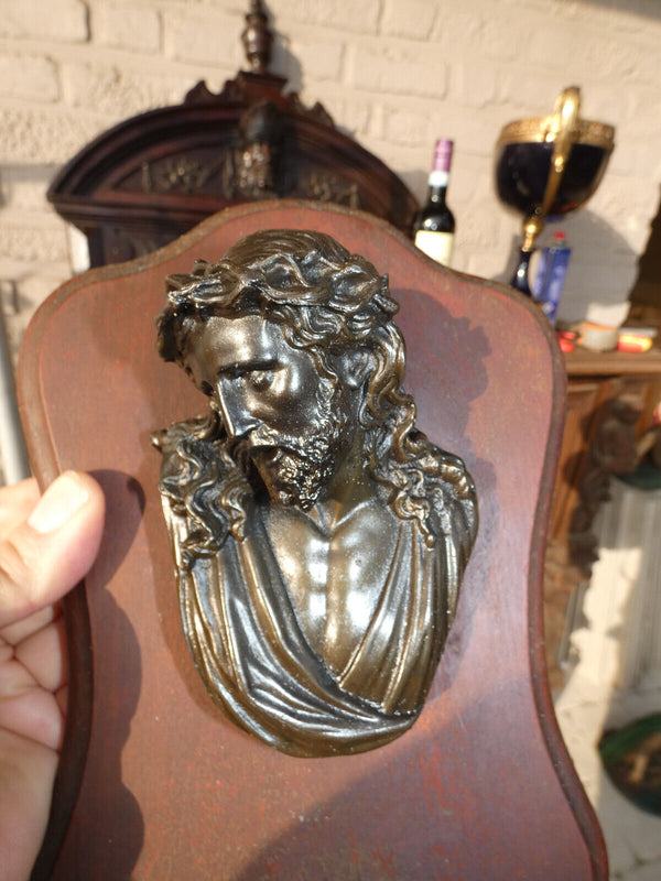 Antique Wood metal relief christ head Holy water font plaque religious