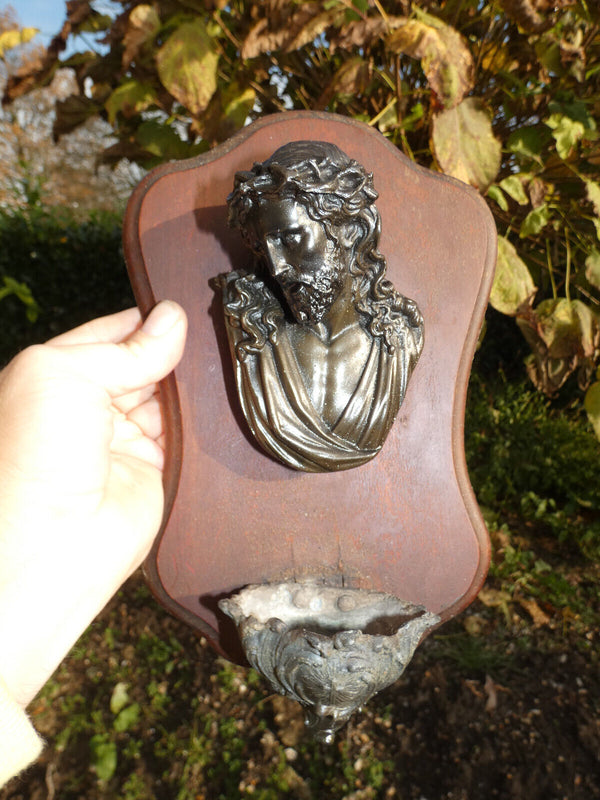 Antique Wood metal relief christ head Holy water font plaque religious