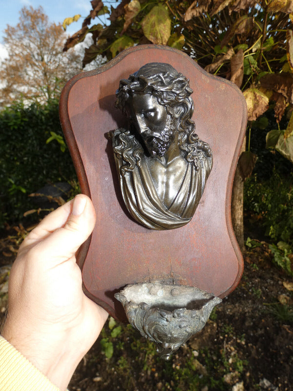 Antique Wood metal relief christ head Holy water font plaque religious